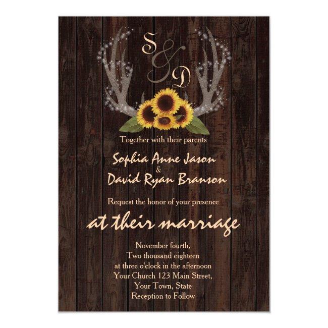 Rustic Country Sunflowers Antlers Wedding Invite