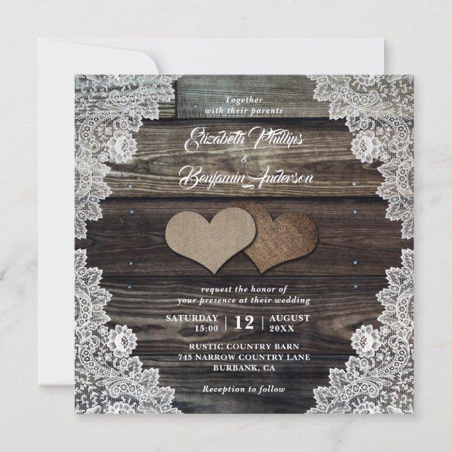 Rustic Country Wood Lace Burlap Hearts Wedding