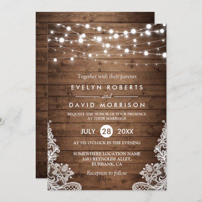 Rustic Country Wood Twinkle Lights Lace Wedding