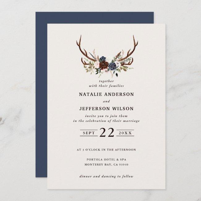 Rustic Floral And Antlers Wedding Navy Blue