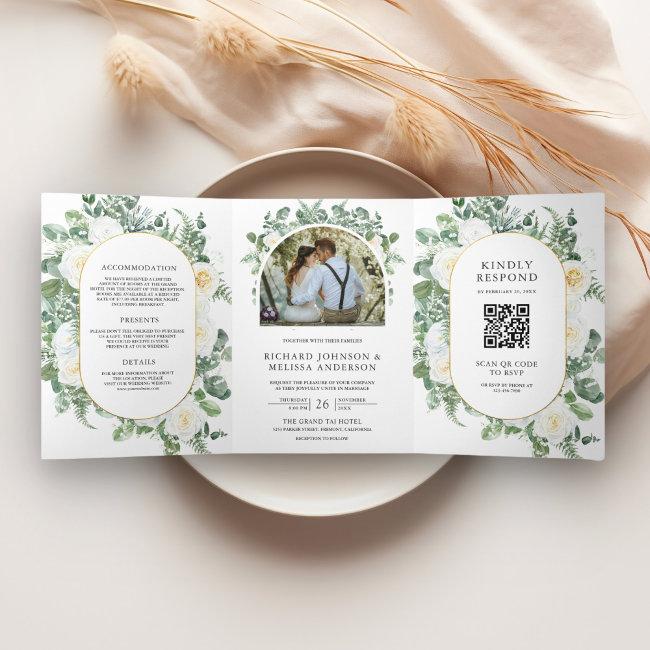 Rustic Greenery Ivory Floral Photo Qr Code Wedding Tri-fold