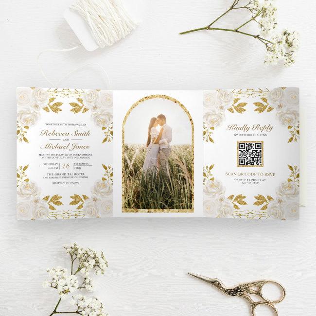 Rustic Ivory Floral Gold Glitter Qr Code Wedding Tri-fold