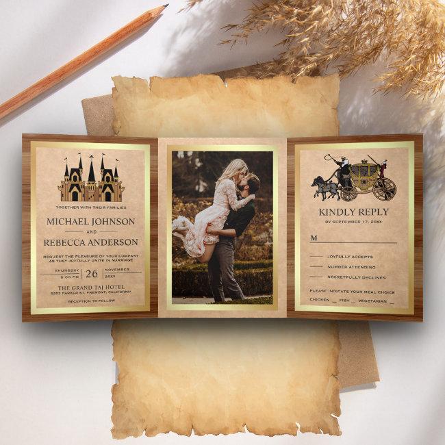 Rustic Kraft Wood Fairytale Castle Wedding Photo Tri-fold