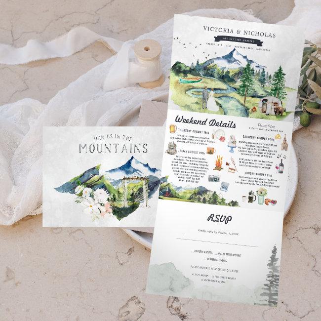 Rustic Mountain River Forest | Illustrated Wedding Tri-fold
