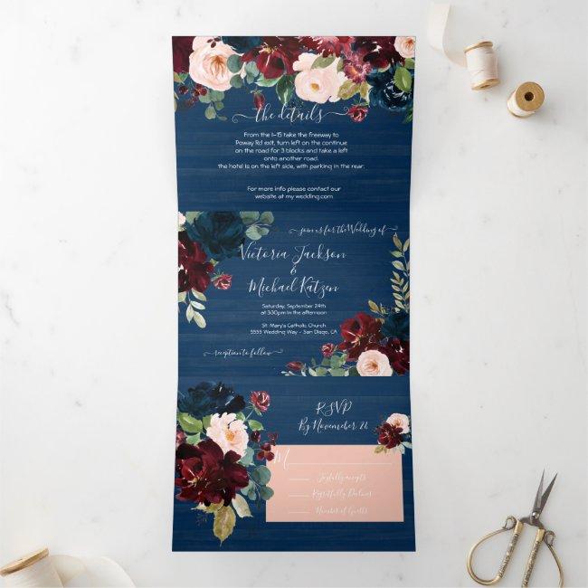 Rustic Navy Blue Blush & Burgundy Floral Wedding Tri-fold