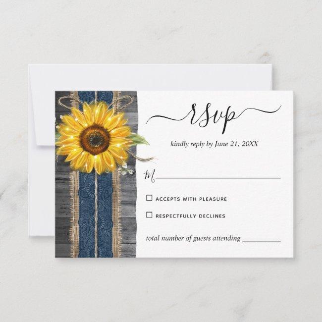 Rustic Navy Blue Lace Watercolor Sunflower Wedding Rsvp