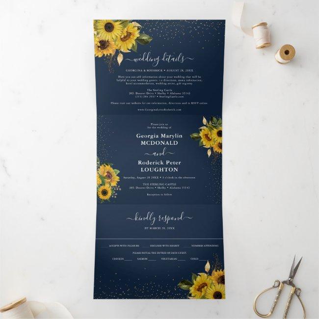 Rustic Navy Blue Sunflower Floral Wedding Tri-fold