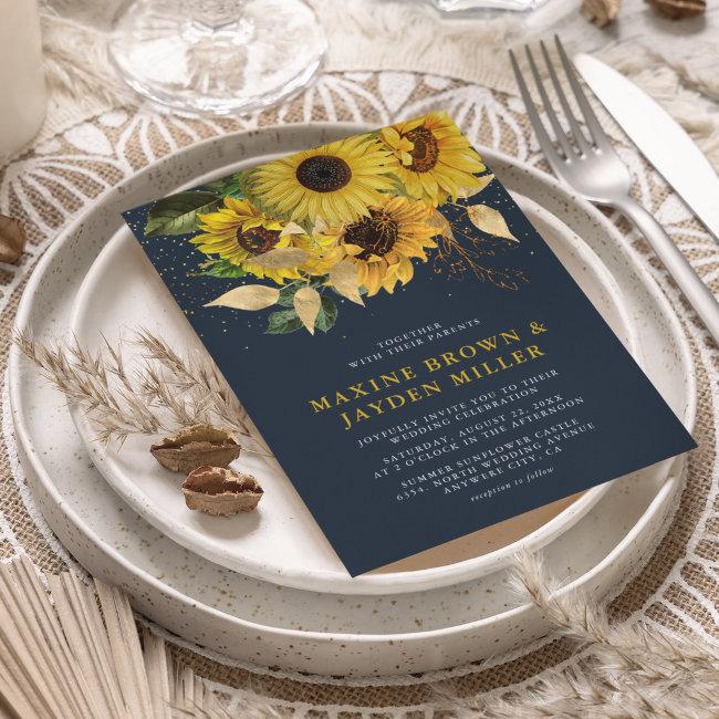 Rustic Navy Blue Sunflower & Gold Confetti Wedding