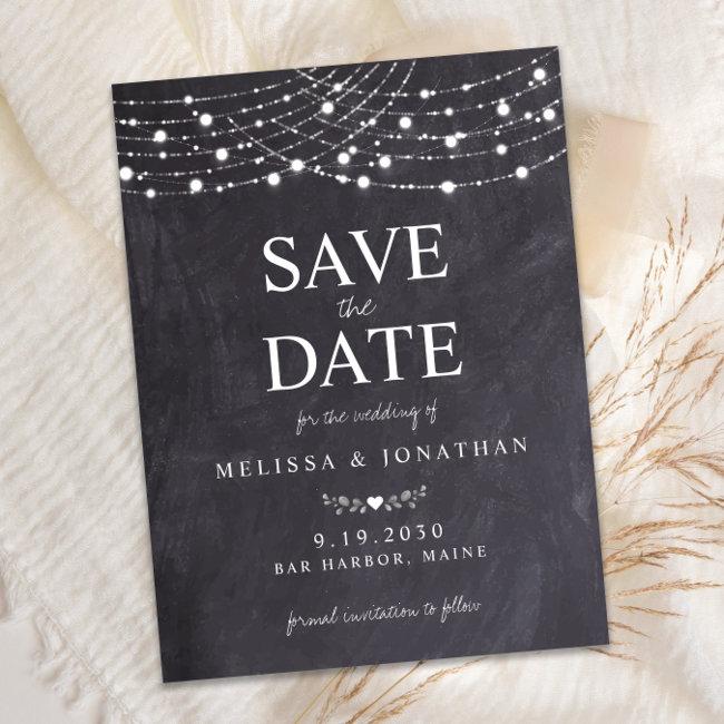 Rustic Slate String Lights Wedding Save The Date Note