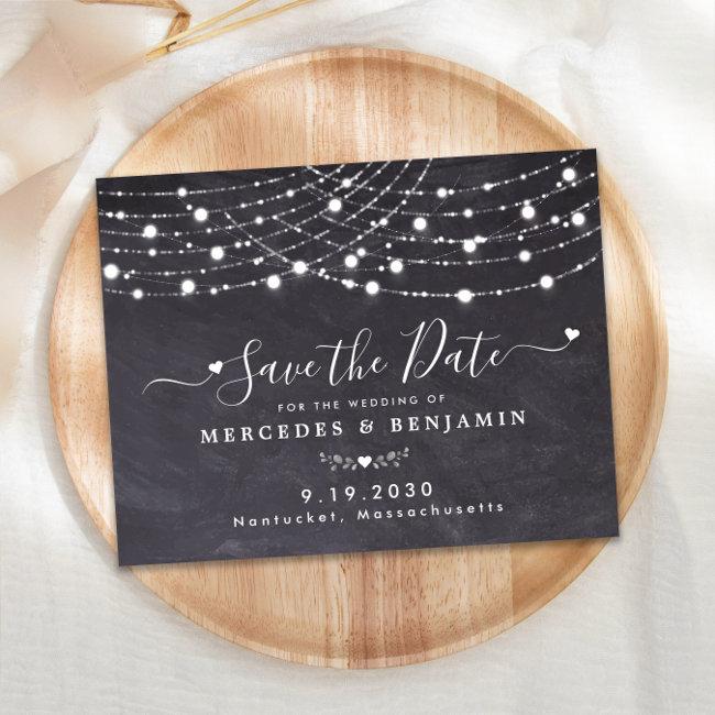 Rustic String Lights Wedding Save The Date Slate Note