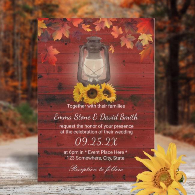 Rustic Sunflower Lantern Red Barn Fall Wedding