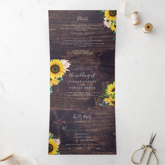 Rustic Sunflower | Wood Photo Wedding All In One Tri-fold