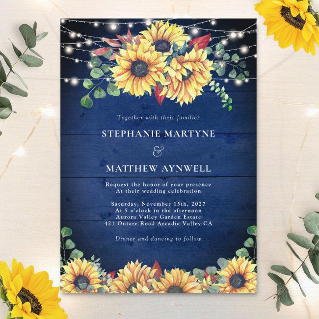 Rustic Sunflowers Lights Navy Blue Wood Wedding
