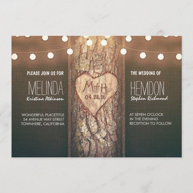 Rustic Tree Heart And String Lights Wedding Invite
