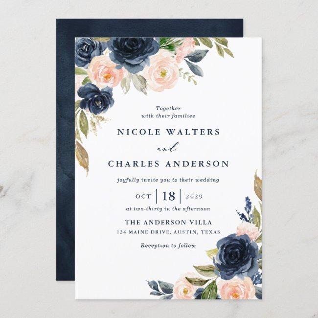 Rustic Watercolor Blush And Navy Flowers Wedding