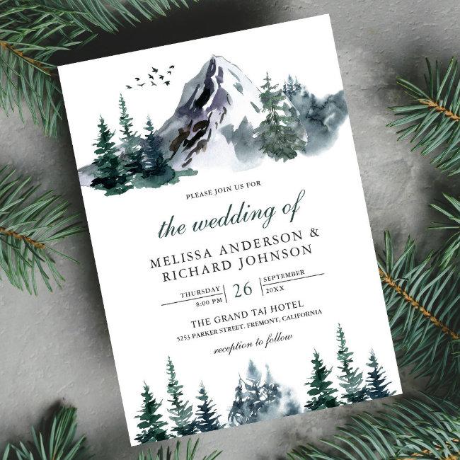 Rustic Watercolor Mountain Forest Winter Wedding