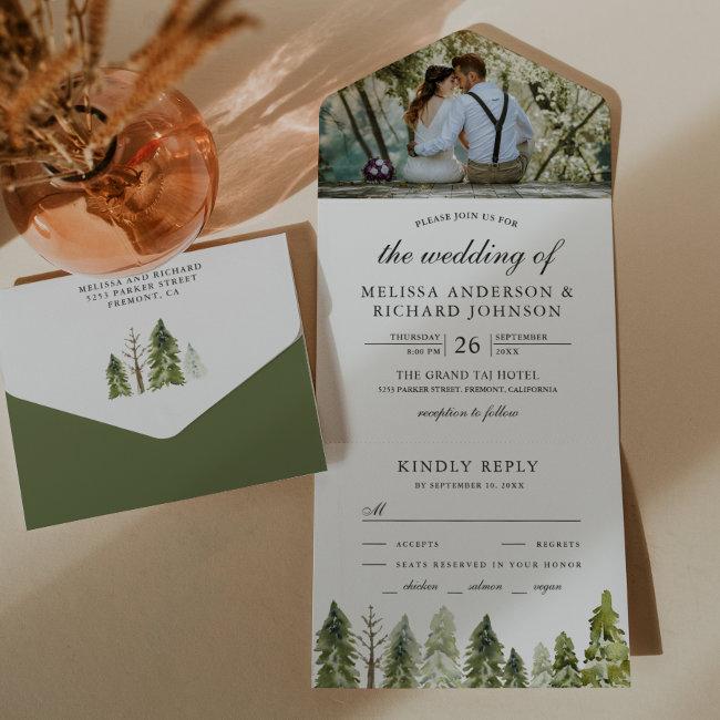 Rustic Watercolor Pine Trees Forest Photo Wedding All In One