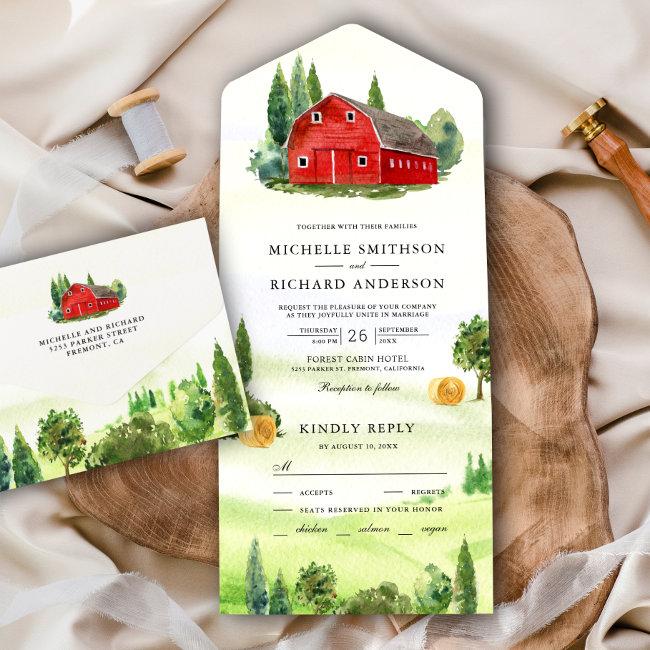 Rustic Watercolor Red Barn Rural Farm Wedding All In One