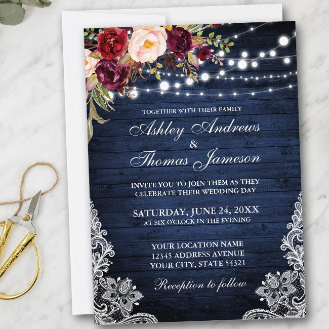 Rustic Wedding Blue Wood Lights Lace Floral Invite