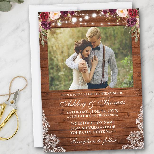 Rustic Wedding Floral Wood Lights Lace Photo