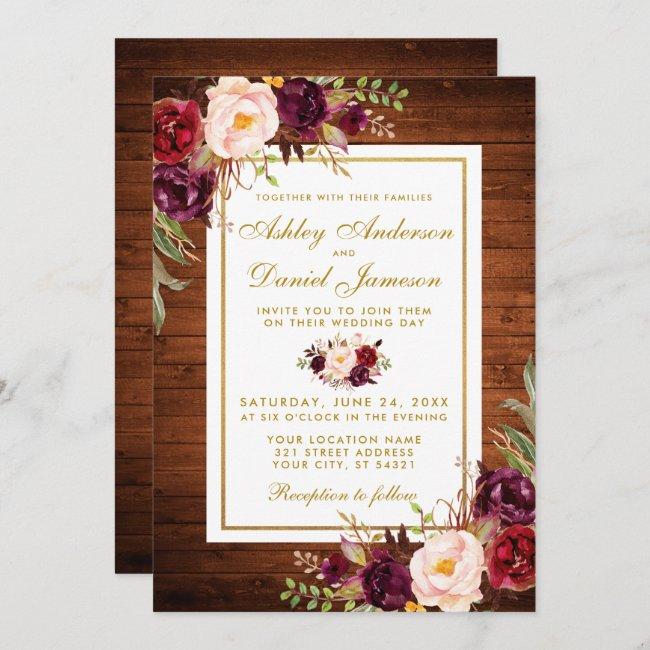 Rustic Wedding Wood Burgundy Floral Wedding Invite