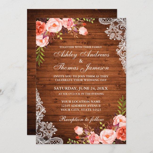 Rustic Wedding Wood Coral Floral Lace Invite