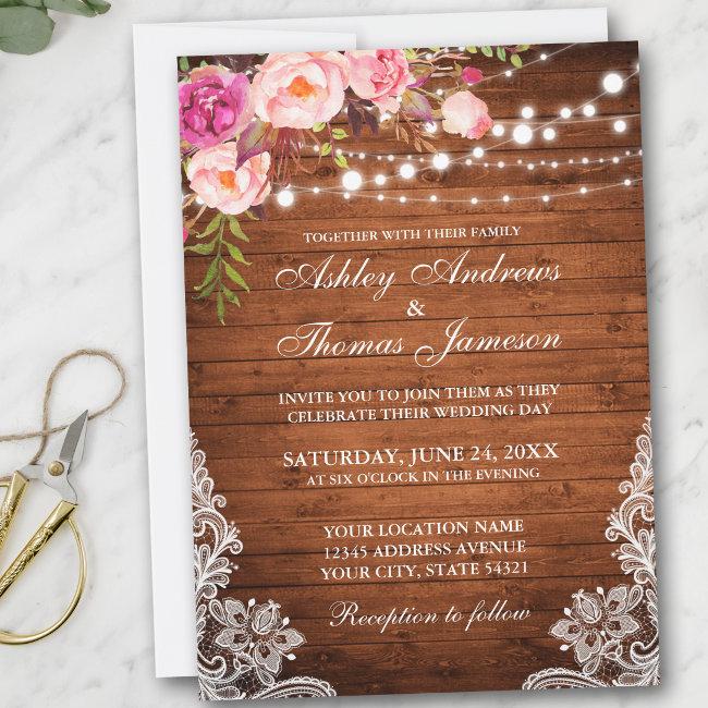 Rustic Wedding Wood Lights Floral Lace Invite