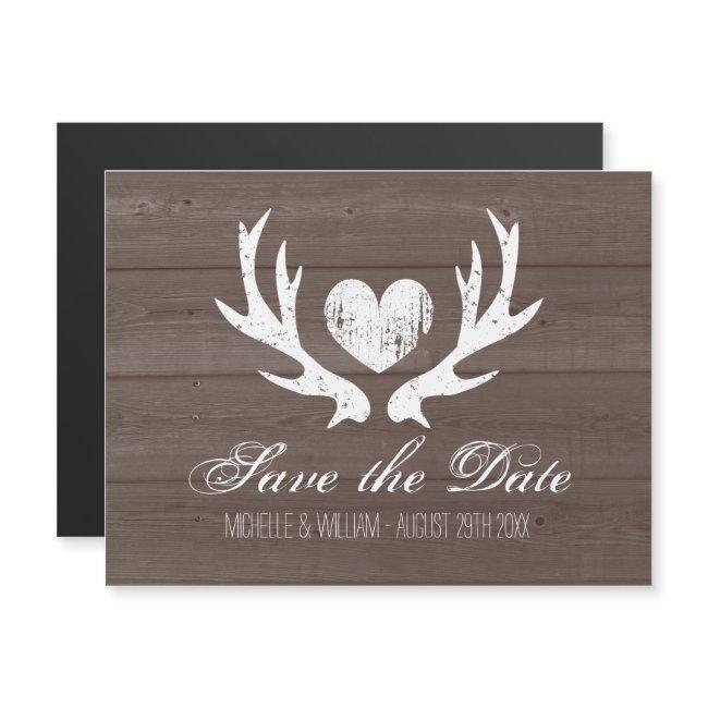 Rustic Wood Deer Antler Wedding Save The Date Magnetic