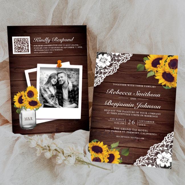 Rustic Wood Lace Sunflower Photo Qr Code Wedding