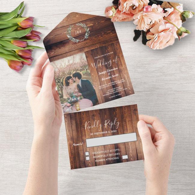 Rustic Wood Photo Watercolor Leaves Wedding All In One