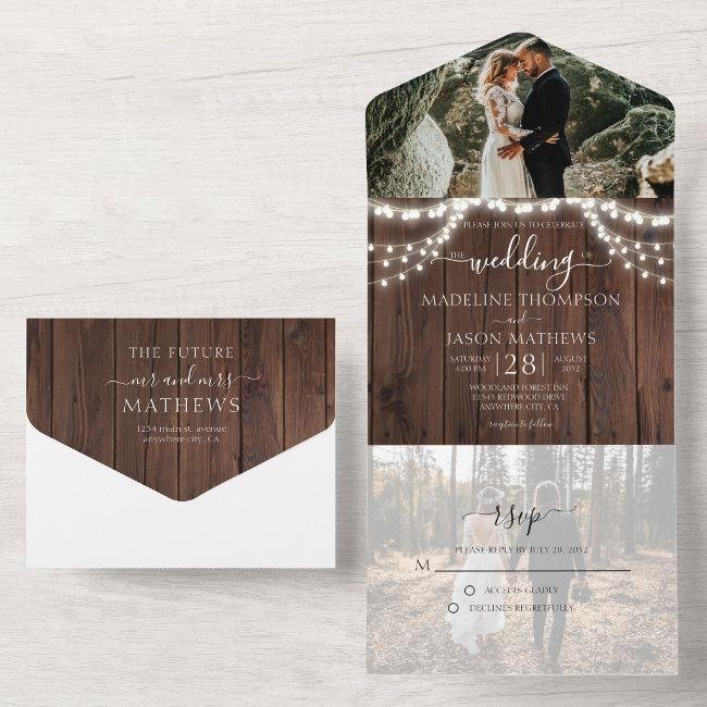Rustic Wood String Lights Photo Rsvp Wedding All In One