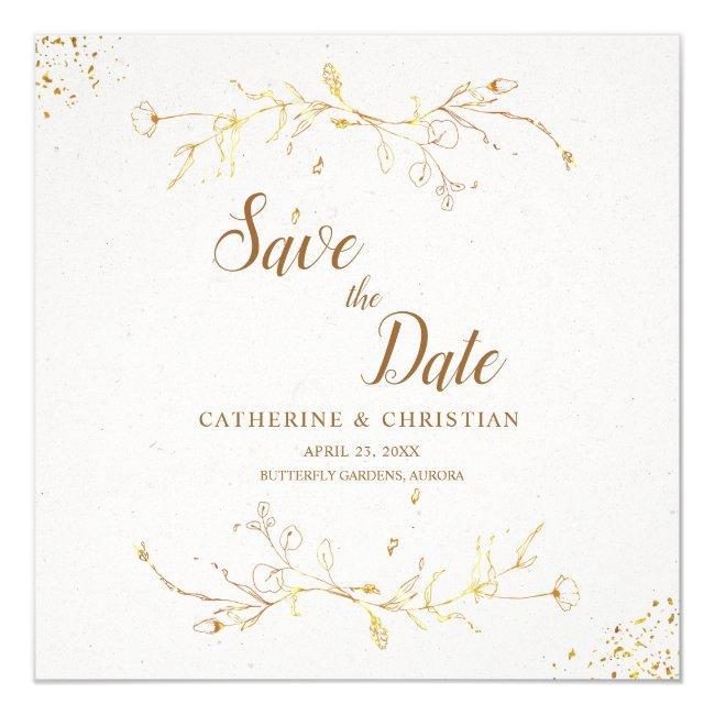 Save The Date Golden Outline Flowers Square
