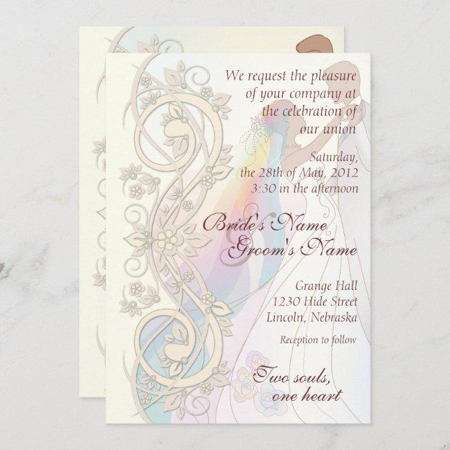 Scroll Rainbow Bride & Groom Wedding Invite-1b