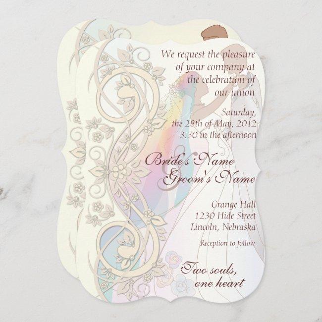 Scroll Rainbow Bride & Groom Wedding Invite-1c