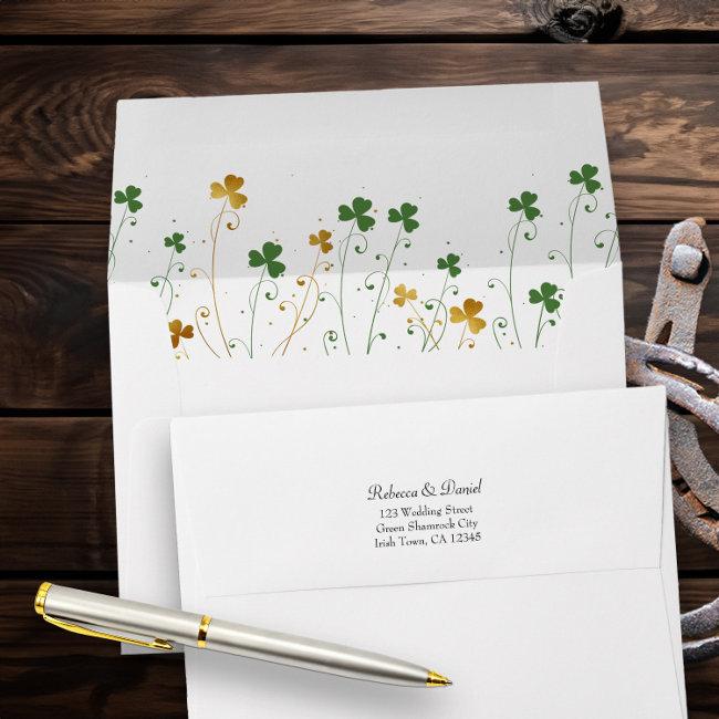 Shamrock Wildflowers Green Gold Wedding  Envelope
