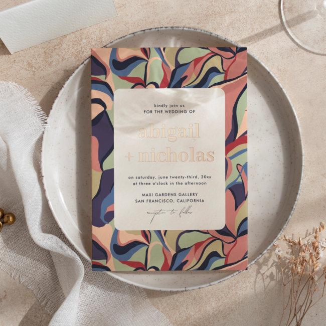 Shiny Bold Colorful Abstract Floral Retro Wedding Foil
