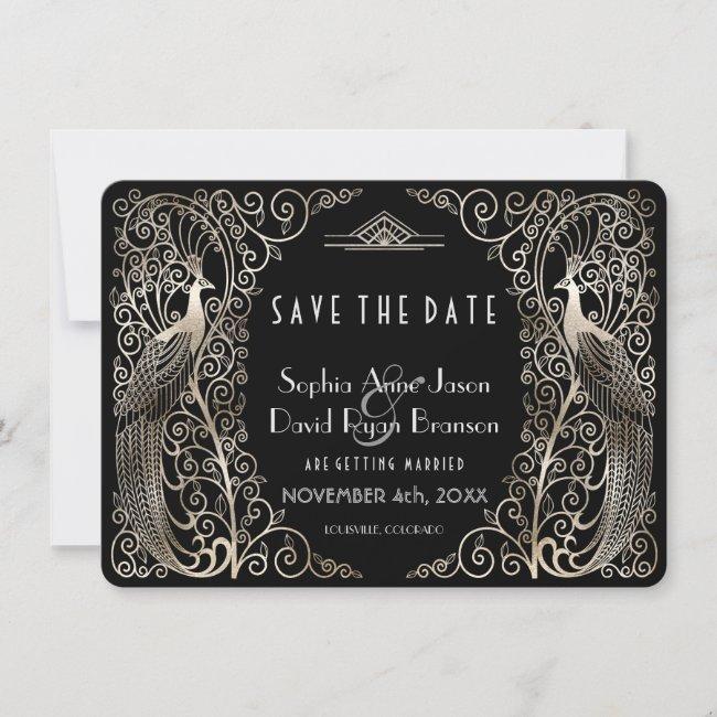 Silver Art Deco Peacocks Wedding Save The Date