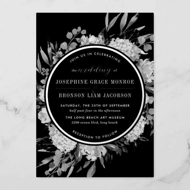 Silver Black And White Watercolor Floral Wedding Foil