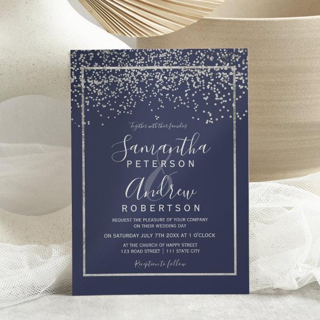 Silver Confetti Navy Blue Typography Wedding