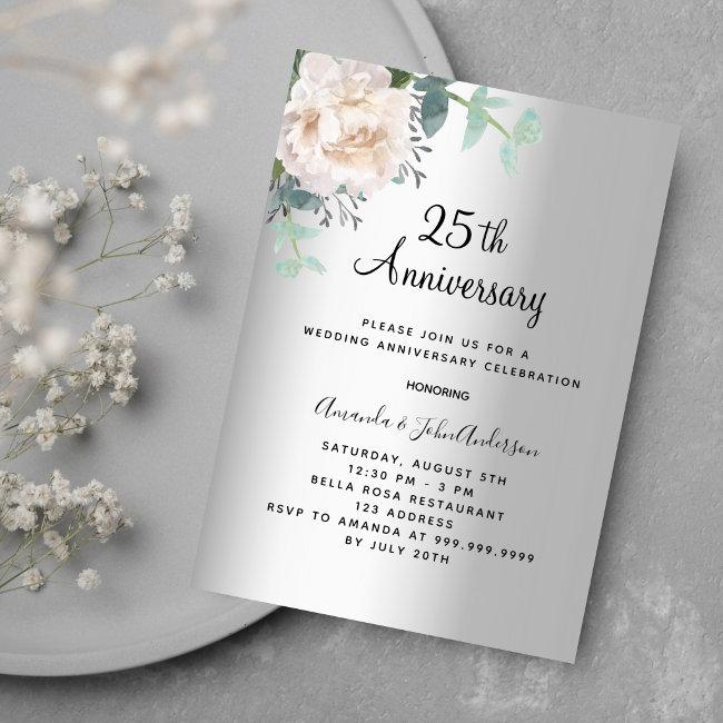 Silver Floral Greenery 25th Wedding Anniversary