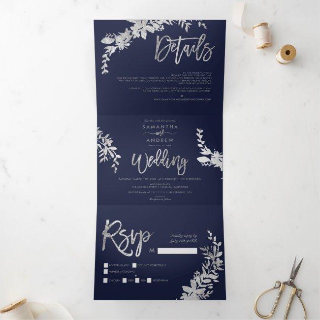 Silver Floral Navy Blue Elegant Script Wedding Tri-fold