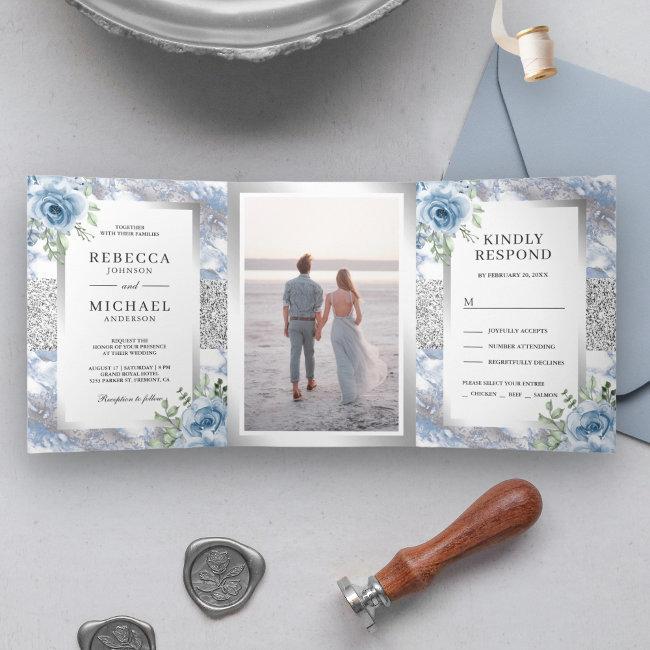Silver Foil Dusty Blue Floral Marble Photo Wedding Tri-fold