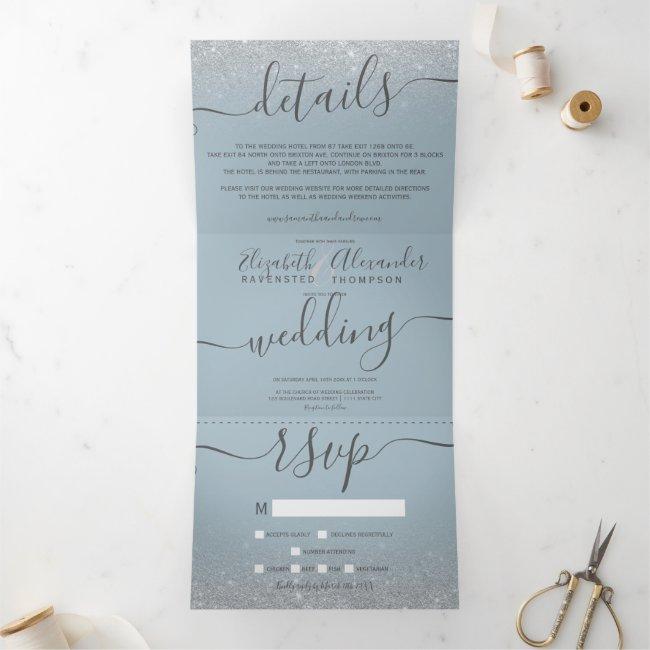 Silver Glitter Ombre Dusty Blue Script Wedding Tri-fold