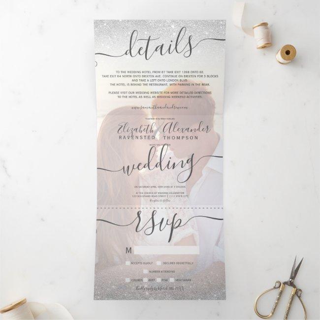 Silver Glitter Ombre White Script Photo Wedding Tri-fold