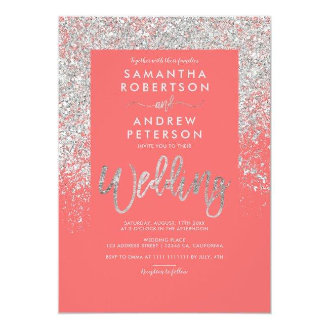 Silver Glitter Typography Coral Chic Wedding