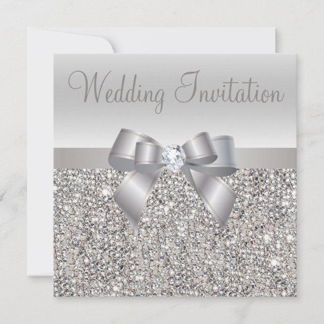 Silver Sequins, Bow & Diamond Wedding Invites