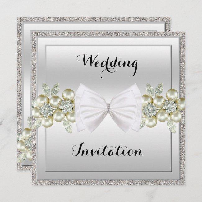 Silver Sequins & Floral Gems Glitter Bow Wedding