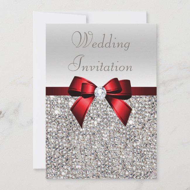 Silver Sequins Royal Red Bow And Diamond Wedding