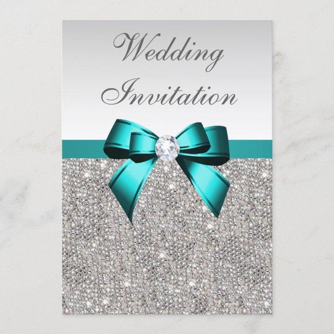 Silver Sequins Vibrant Teal Diamond Bow Wedding