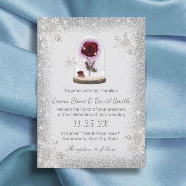 Silver Snowflakes Winter Wedding Beauty Rose Dome